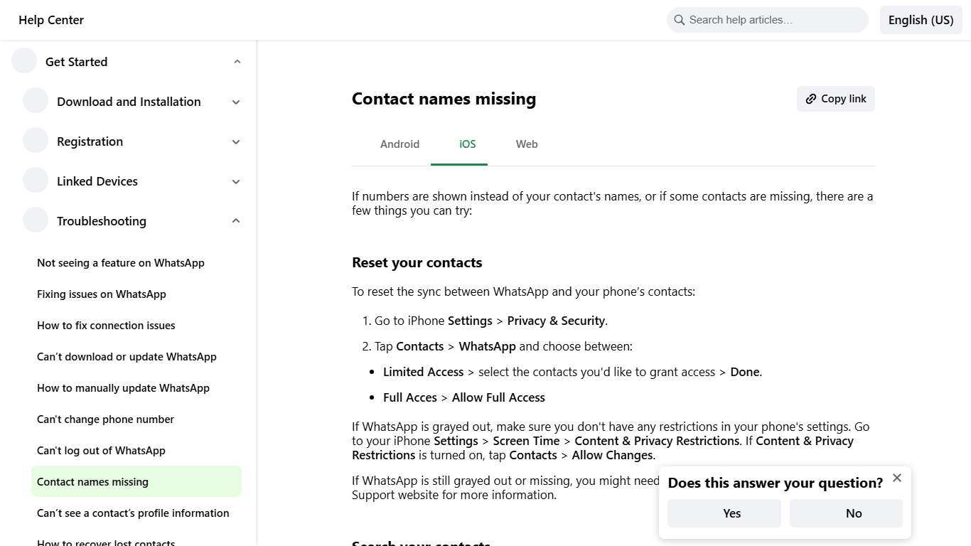Contact names missing WhatsApp Help Center